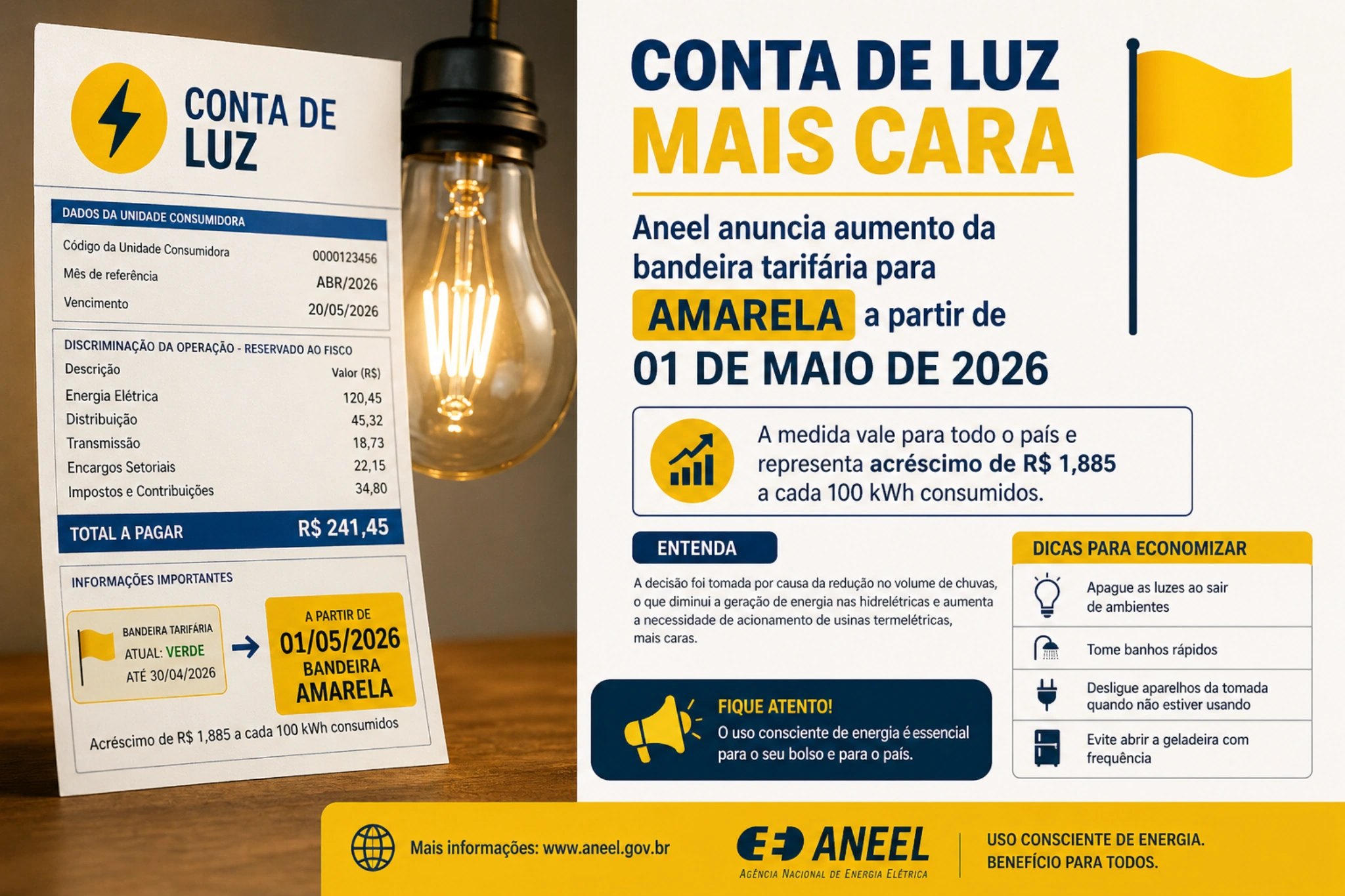 Conta de luz fica mais cara em maio com bandeira amarela; veja como economizar energia
