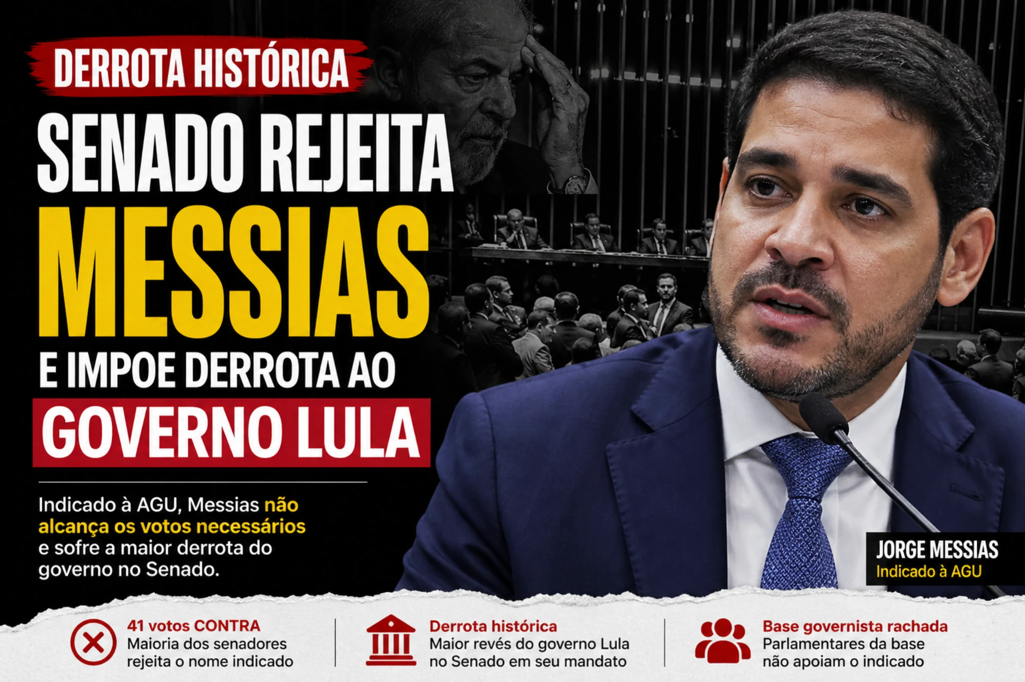 Senado barra Messias ao STF e impõe ao governo Lula sua mais dura derrota institucional