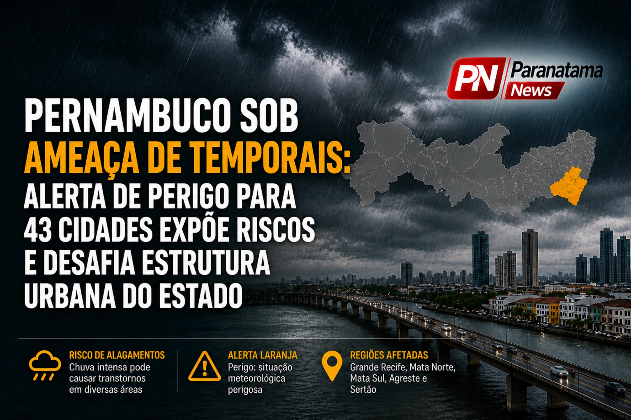 Pernambuco entra em alerta: chuvas intensas ameaçam 43 municípios e elevam risco de transtornos neste fim de semana