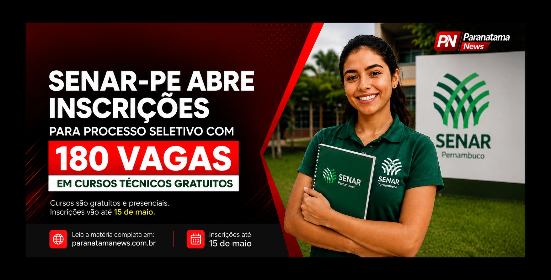 Senar-PE abre inscrições para processo seletivo com 180 vagas em cursos técnicos gratuitos em Pernambuco