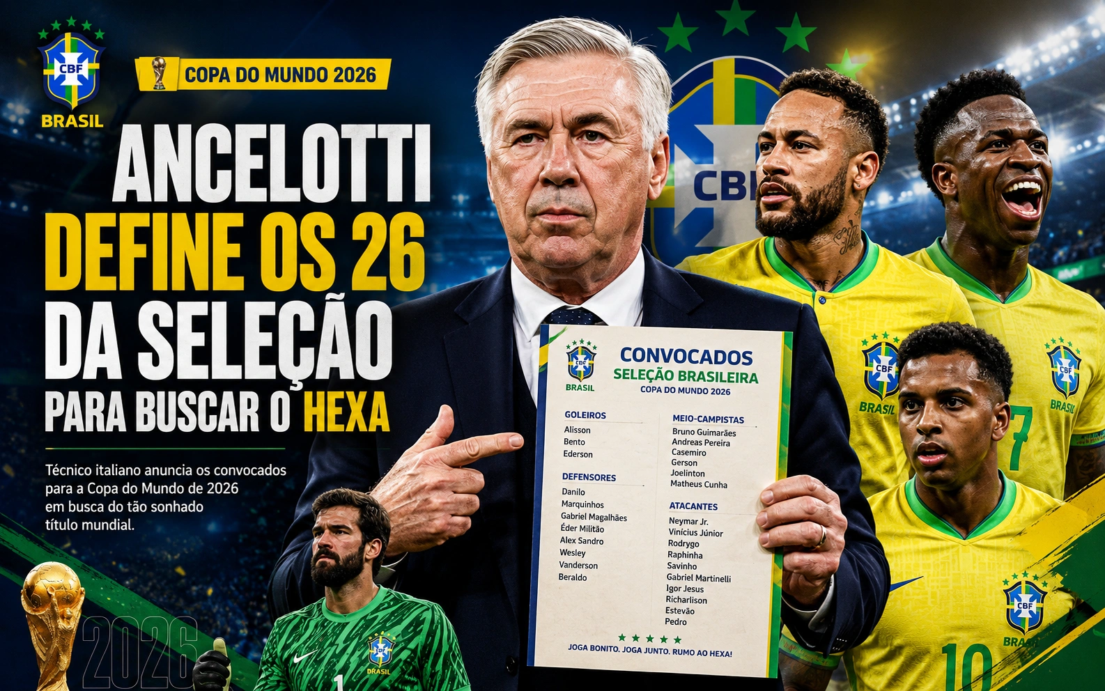 Carlo Ancelotti convoca os 26 jogadores que vão tentar o hexa na Copa do Mundo