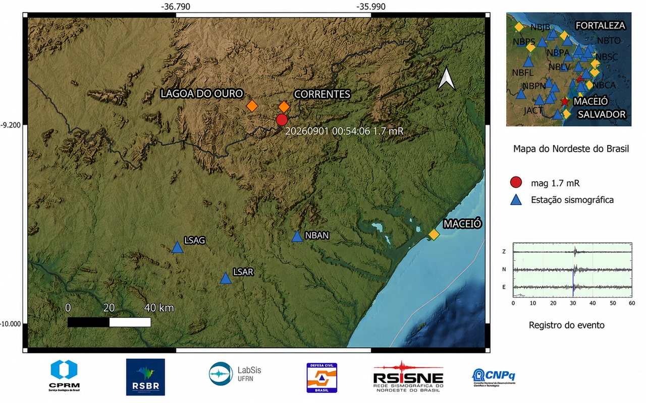 Tremor de magnitude 1,7 é registrado em Correntes, no Agreste de Pernambuco